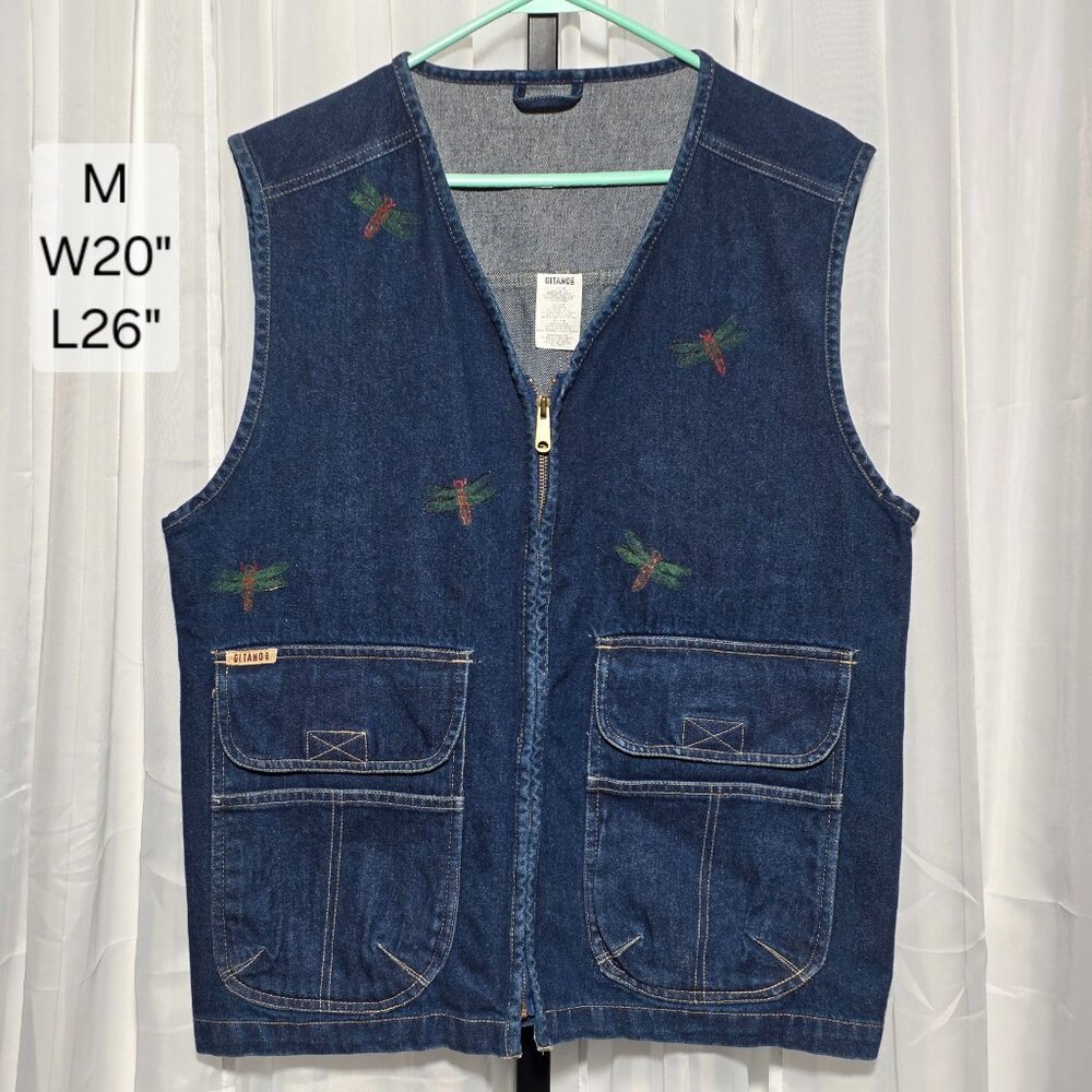 Vintage Gitano Denim Vest Embroidered Dragonflies Fish Zip Front Medium